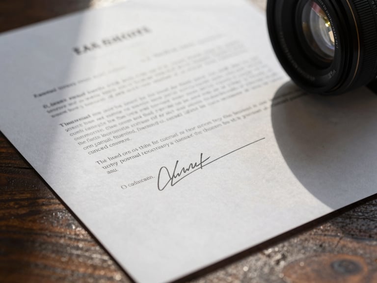 Close-up macro shot of a signed commercial contract on a dark wooden table, side-lighting casting sharp shadows on the paper.