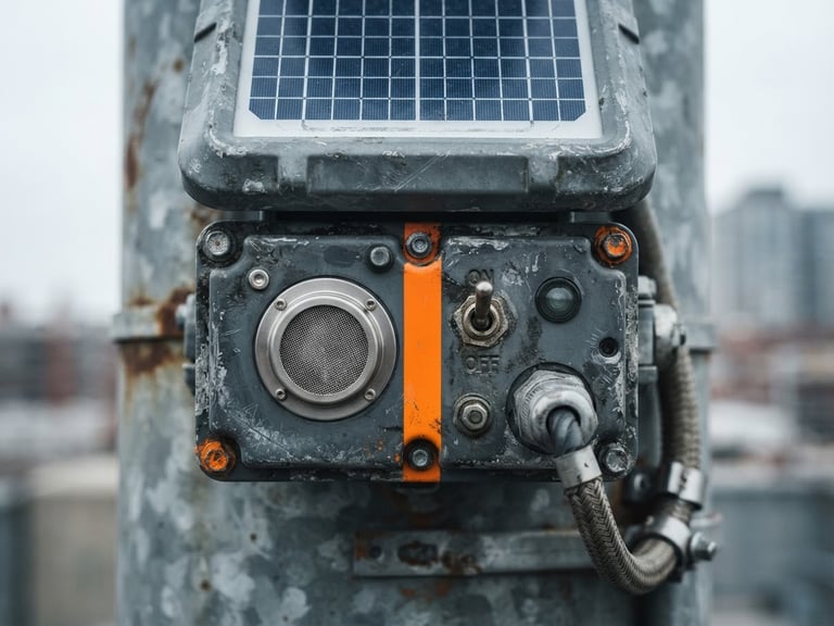 Macro industrial close-up of a rugged solar-powered air quality sensor casing, overcast daylight, desaturated cool slate tones, safety orange accent line, 35mm photography.
