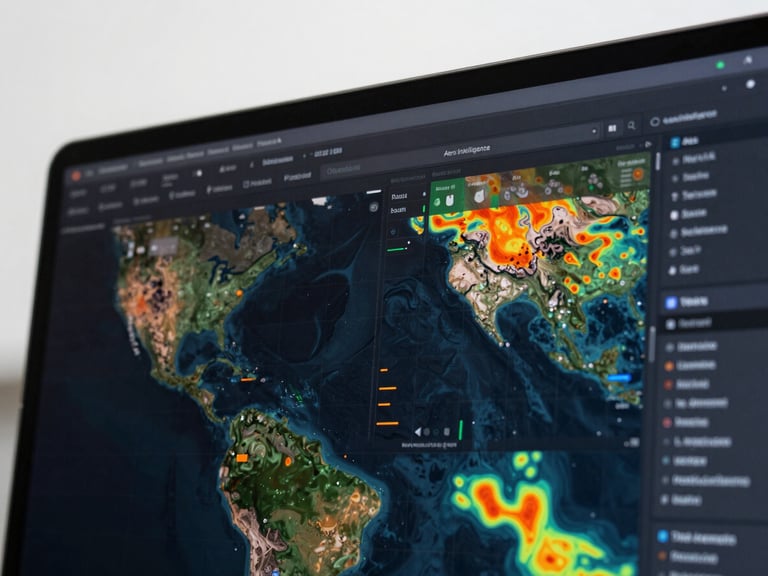 A close-up screenshot of the Aera Intelligence software platform, showing interactive geographic heatmaps of particulate distribution, dark mode interface, sharp telemetry lines