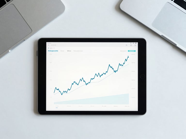 Overhead flat lay of a modern organized desk with a tablet displaying clean financial charts, bright natural daylight with subtle cool blue tones, sharp focus, 35mm
