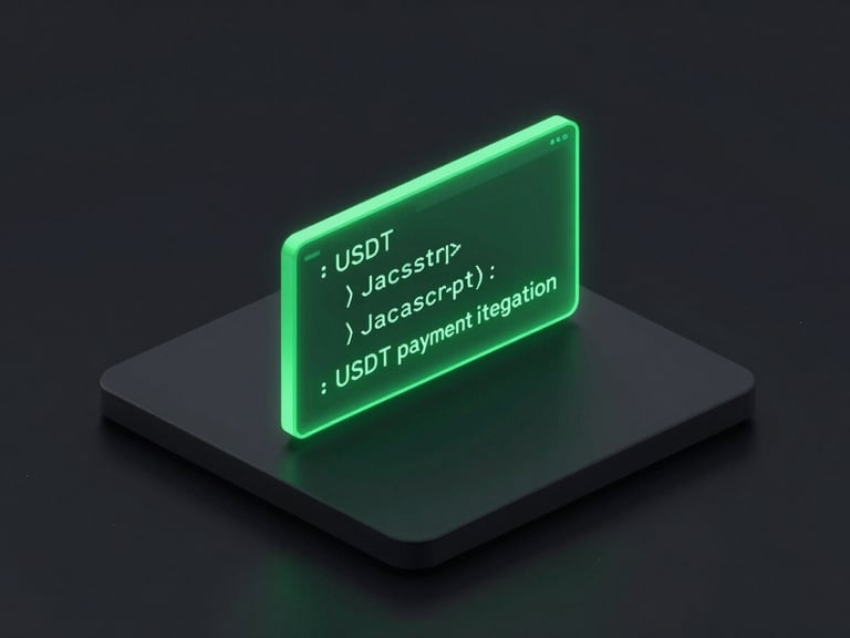Sleek 3D render of a minimalist code editor showing a three-line JavaScript snippet for USDT payment integration, glowing electric green on a dark terminal background, isometric perspective.