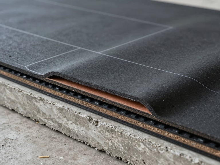 Technical cross-section diagram of multi-layer rubber flooring installation, showing concrete base, SBR shock-absorbing layer, and EPDM color wear layer, clean architectural line drawing style.