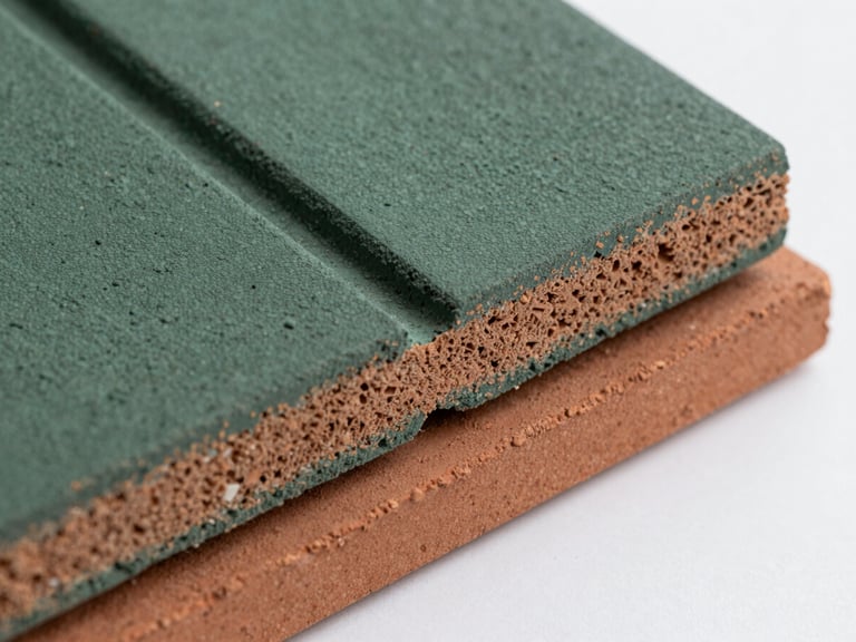 Macro close-up of textured forest green and terracotta clay rubber tiles, showing the rich grain and technical cross-section of the shock-absorbing layers, natural overcast lighting.