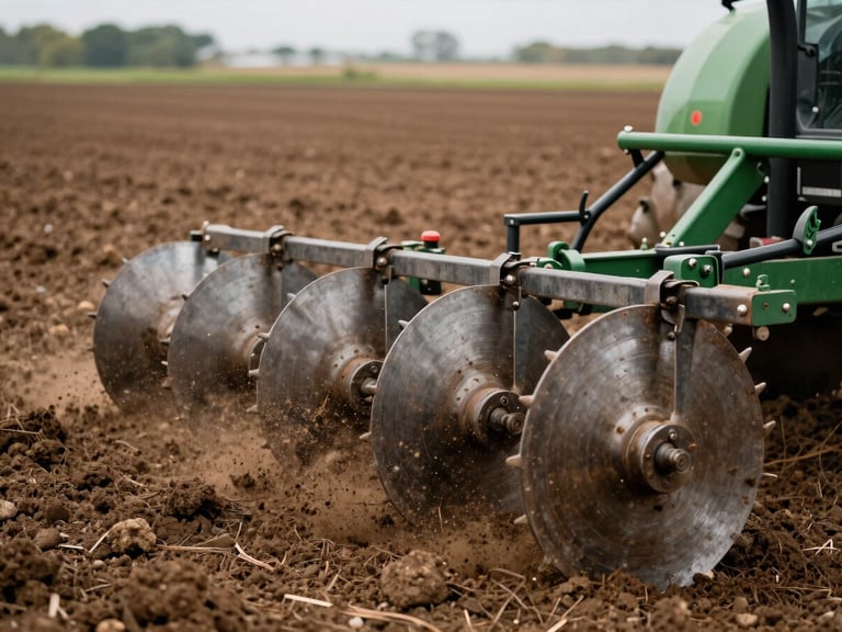 Close-up of heavy steel plow discs cutting through rich brown agricultural soil, dust particles, natural overcast daylight, 35mm