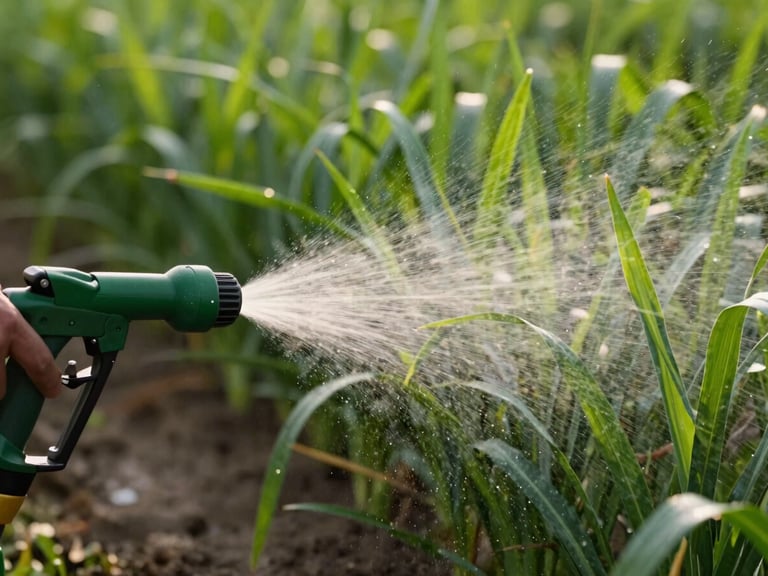 Close-up of agricultural sprayer nozzle misting water over green crop leaves, precise droplets, soft morning light, 35mm