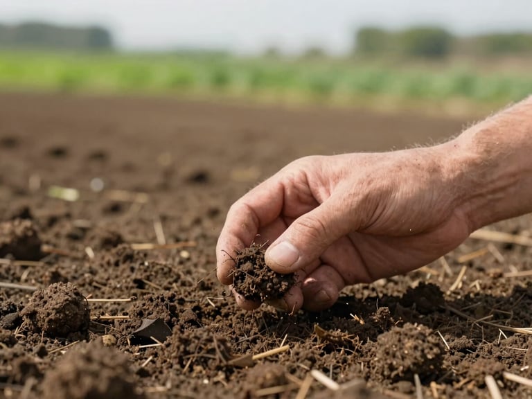 Gros plan sur les mains d'un agronome examinant des échantillons de sol dans un champ, lumière naturelle du jour, tons bruns de terre, faible profondeur de champ