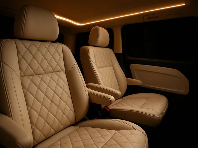Interior detail of a luxury Mercedes-Benz Vito, showing immaculate cream-colored leather stitching on seats, ambient warm LED lighting, and generous legroom