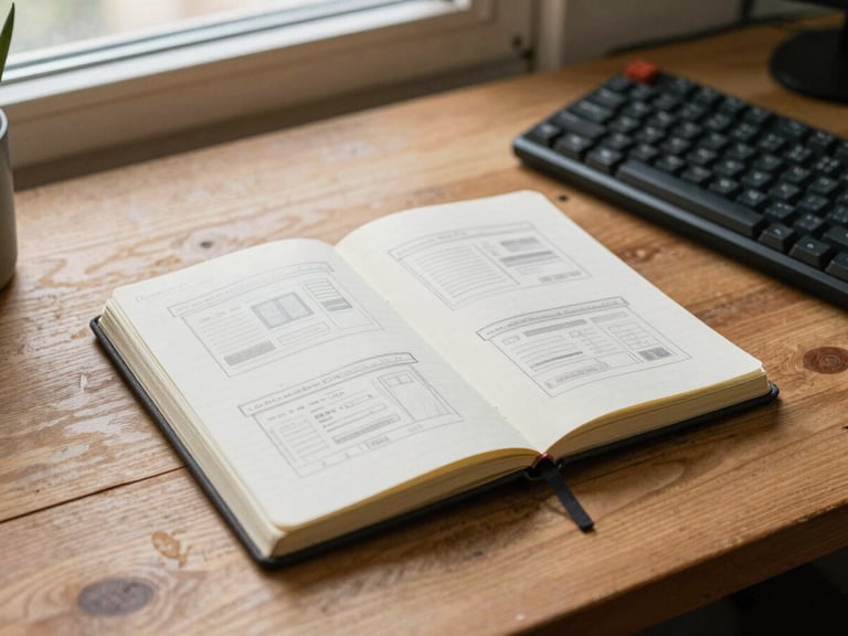 A real, messy wooden desk with an open paper notebook showing pencil sketches of website layouts, a mechanical keyboard to the side, warm window light