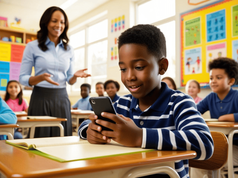 Child on cell phone while in school classroom