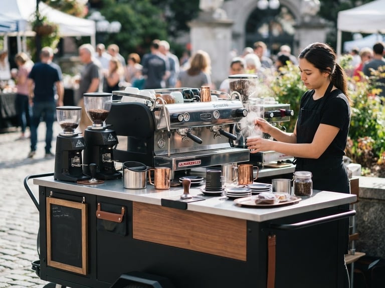 Sleek matte-black mobile espresso cart with dual commercial espresso machines, clean stainless steel counters, bright morning daylight, sharp focus.