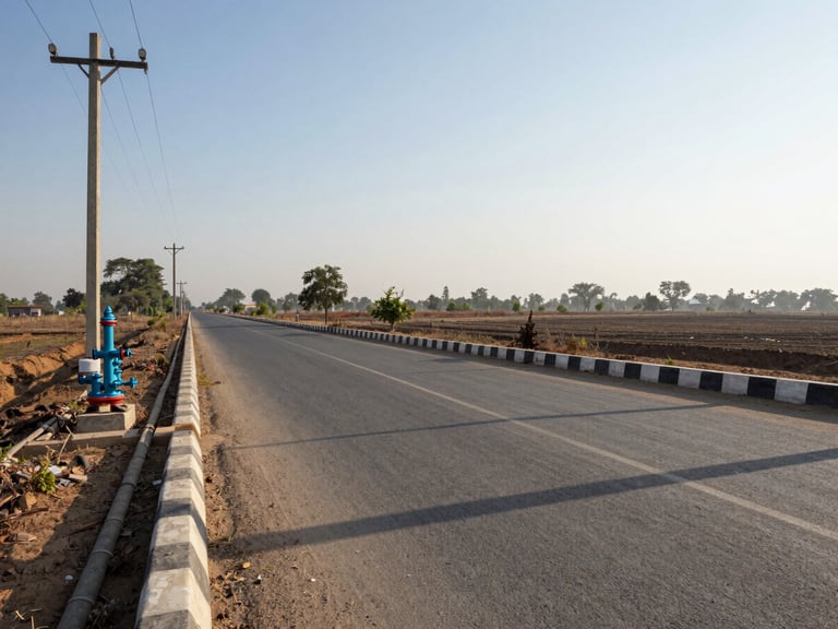 Panoramic environmental shot of township infrastructure at Jhajjar — wide internal road with visible underground utility conduits alongside the kerb, installed power poles and water supply headers visible, early morning natural daylight casting long parallel shadows across the road surface, no figures, low horizon showing open land beyond