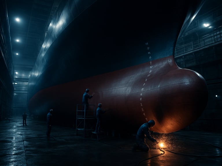 Dry dock environment with a massive container ship hull, workers performing maintenance under dramatic industrial lighting, wide shot