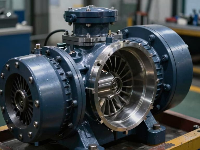 Detailed macro shot of a high-pressure centrifugal pump, cool industrial workshop lighting, metallic reflections, sharp focus, technical precision