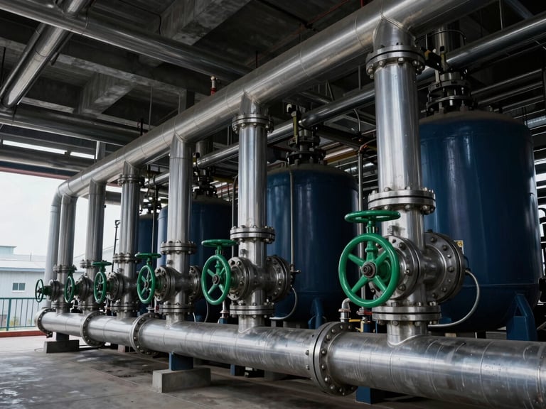 Modern industrial cogeneration plant interior, polished steel pipes, green valves, clean engineering aesthetic, overcast outdoor light