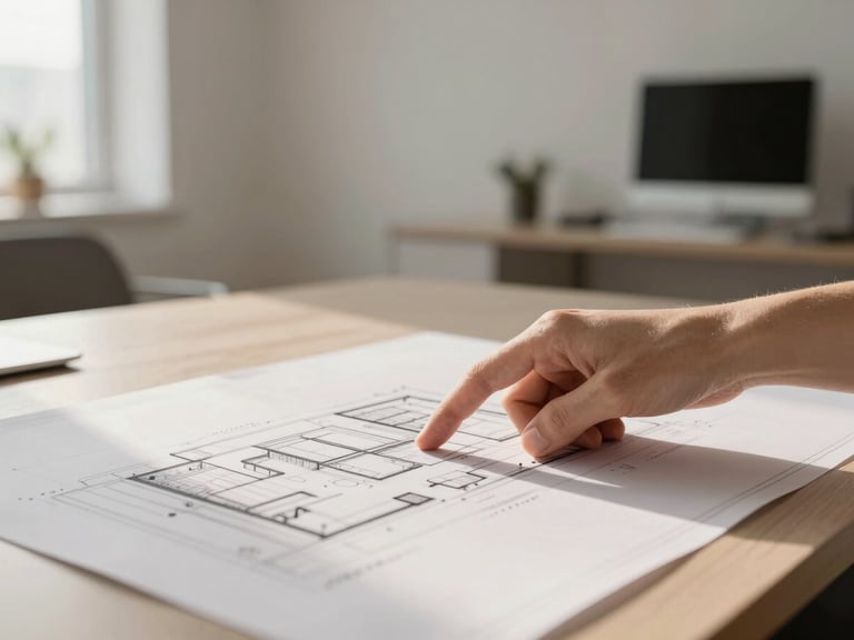 Architectural blueprint on a desk, a hand pointing to a detail, soft light, minimalist office setting, focus on precision, high-end editorial style.