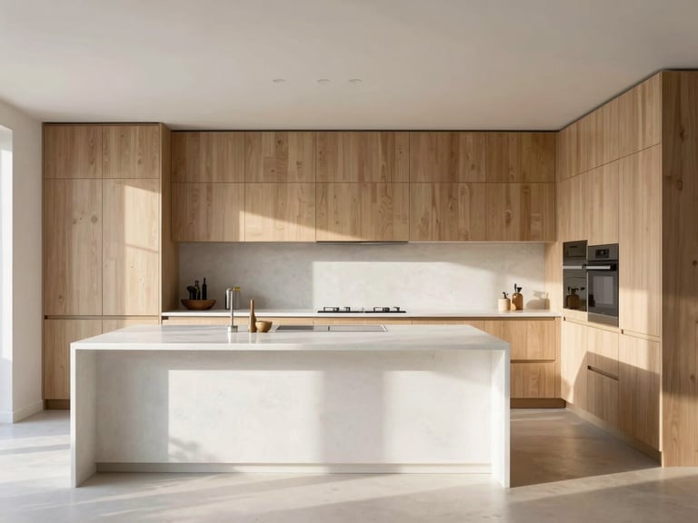 Luminous contemporary kitchen interior in Barcelona, natural oak cabinets, white microcement island, soft morning daylight, wide shot, high-end editorial style.