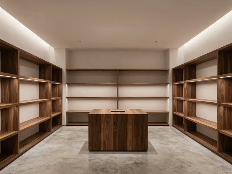 Elegant retail space interior in Barcelona, minimalist design, dark wood display shelves, concrete floor, soft accent lighting, empty, high-end editorial style.