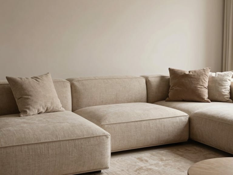 Detail shot of a minimalist living room in Barcelona, bespoke furniture, warm earth-toned textiles, diffused light, focus on textures, high-end editorial style.