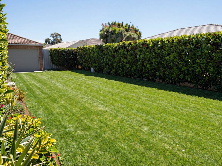 Wide environmental shot of a manicured suburban backyard in Perth, featuring vibrant green turf and straight hedge lines under bright morning sun, 35mm.