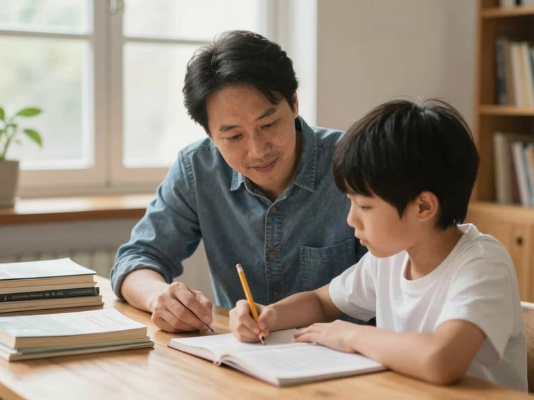 A mentor guiding a young student at a wooden table covered in books and pencils, soft warm light, candid