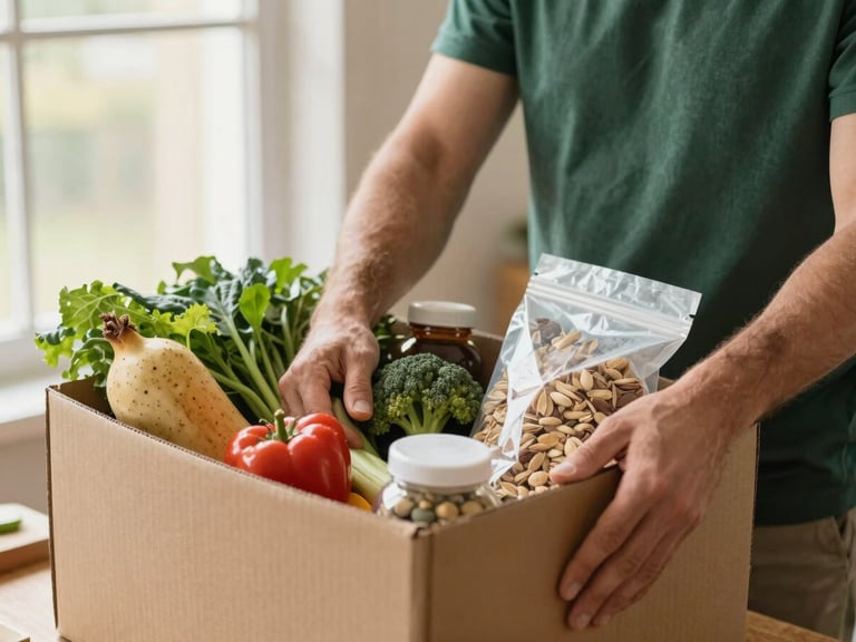 Hands of a volunteer carefully packing a cardboard box with fresh produce and dry goods, warm natural lighting