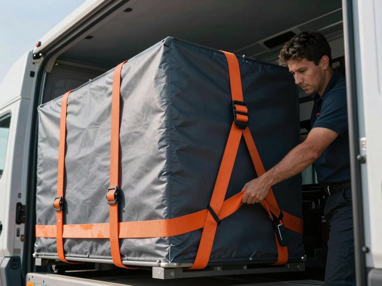 Close-up of professional driver securing heavy cargo with orange tension straps inside a clean transport vehicle, crisp morning daylight, premium commercial photography