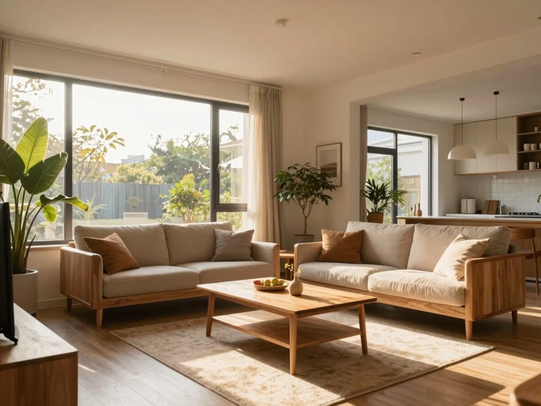 Cozy modern home living room in Tangerang, bright golden-hour sunlight pouring through large windows, warm natural wood furniture, minimalist green plants, eye-level angle