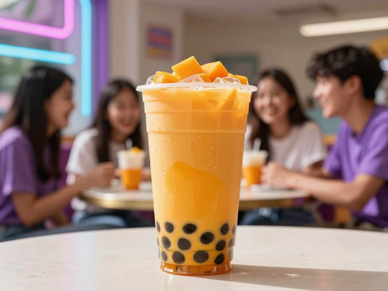 Vibrant food photography, close-up of a layered mango bubble tea on a table in a sunlit university cafe, students laughing in the soft-focus background, 35mm lens