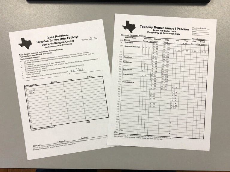 Overhead flatlay of Texas tax deed documents spread on a plain gray desk, a printed title chain report beside a county property record, practical office light from above, tight crop showing handwritten margin notes, no people, documentary framing