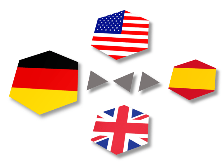 Germany, USA, UK and Spain flags in hexagonal shape that represent translation services