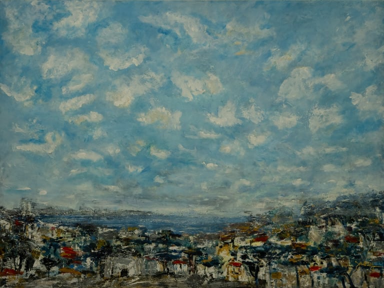 Acrylic on canvas painting of city with sky and clouds by artist Jessy Tabet