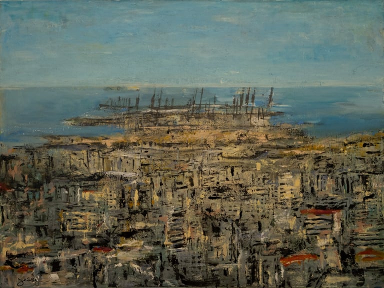 Acrylic on canvas painting of Beirut Port in Lebanon by artist Jessy Tabet