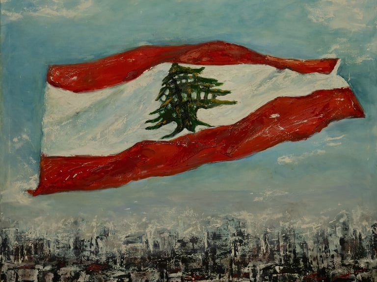 Acrylic on canvas painting of Lebanese flag flying high above the city by artist Jessy Tabet