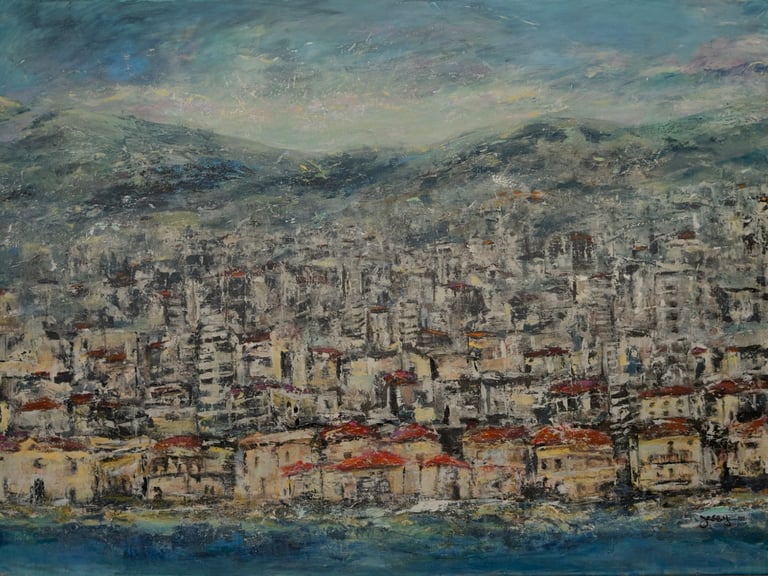 Acrylic on canvas painting of mountains by the sea in Lebanon by artist Jessy Tabet