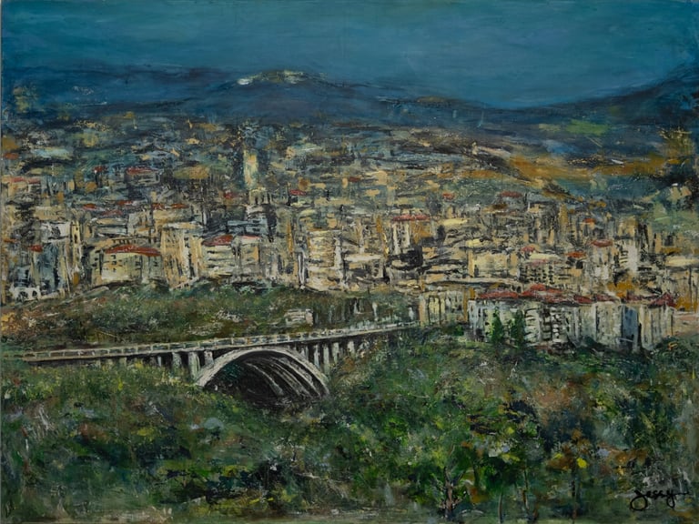 Acrylic on canvas painting of the Jounieh Bridge by artist Jessy Tabet