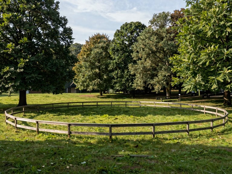 Vue panoramique des pistes extérieures du centre équestre entourées de barrières en bois et de grands arbres verdoyants, lumière de fin d'après-midi.