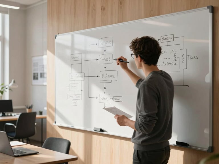 Medium-wide environmental shot of a software architect sketching a system diagram on a physical whiteboard in a light-filled Scandinavian workspace, soft daylight, warm wood accents.