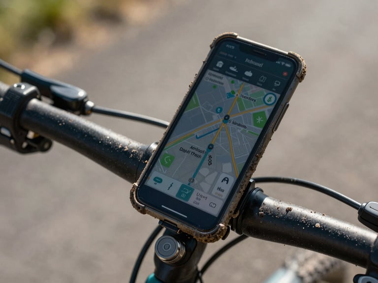 Tight macro shot of a rugged, mud-splattered Android phone mounted on bicycle handlebars, screen showing high-contrast navigation metrics under harsh midday sun.