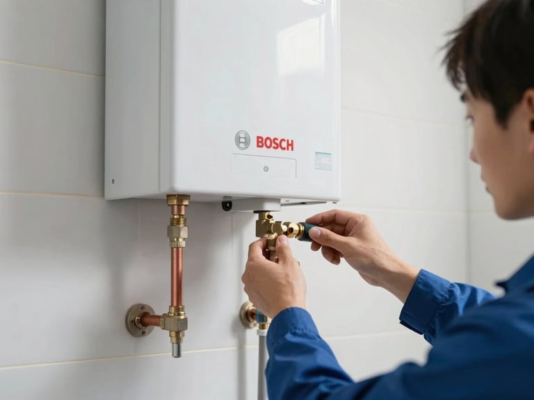 A clean, bright utility room showing a wall-mounted Bosch gas water heater with copper piping. A professional technician's hand is adjusting the water flow valve.
