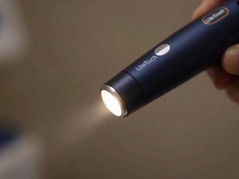 Macro photography of a high-tech LiteTouch dental laser emitting a soft glow, shallow depth of field, editorial luxury lighting.
