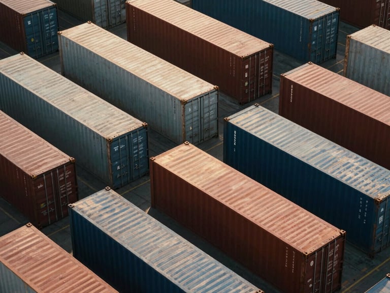 Overhead geometric shot of neatly stacked cargo containers in a shipping yard, clean lines, sharp shadows