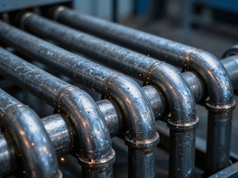 Close-up of a complex shell-and-tube heat exchanger tube bundle, raw steel, high-contrast industrial lighting, shallow depth of field, cool blue tones with warm amber highlights.