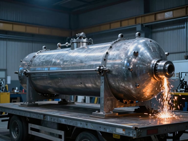Massive high-pressure vessel on a transport flatbed, heavy-gauge steel, industrial workshop background, cool blue light with warm orange sparks, wide-angle environmental shot.