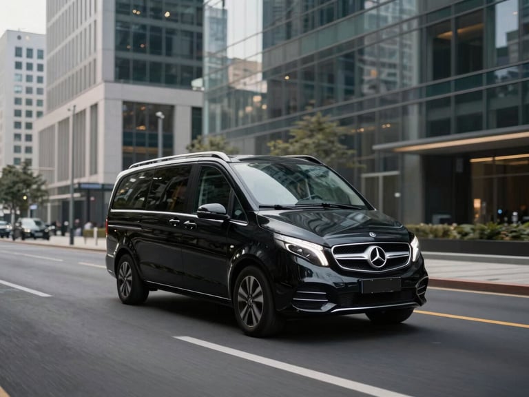 Wide shot of a black Mercedes-Benz V-Class moving smoothly through a modern urban business district, deep charcoal tones, cinematic lighting.