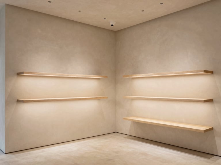 Minimalist boutique retail interior with clean plaster walls, integrated warm lighting, and custom display shelving.