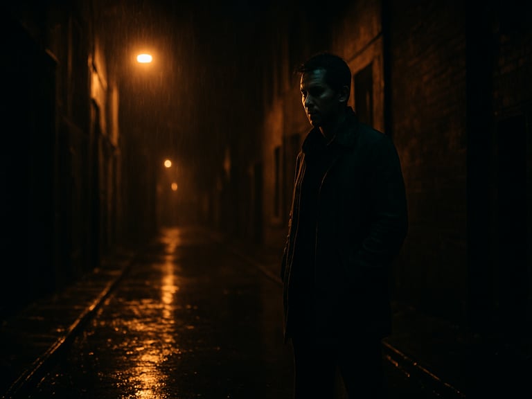 Cinematic film still, moody tungsten lighting, a solitary actor standing in a rain-slicked alleyway at night, rich dark shadows, anamorphic lens