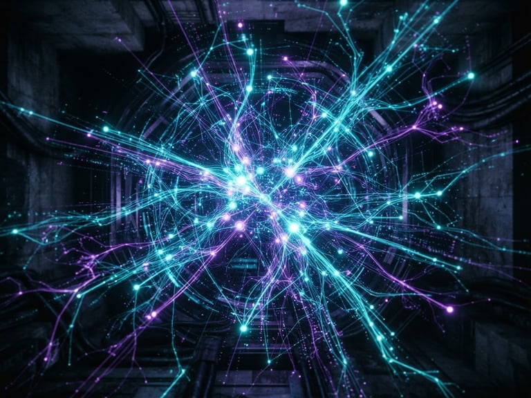 Extreme close-up of a glowing holographic interface displaying complex temporal node networks and timeline branches, high-contrast purple and cyan laser light, dark sci-fi brutalism