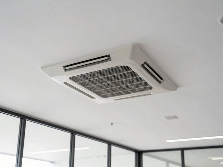 Bright modern corporate office interior with a clean ceiling cassette AC unit seamlessly integrated into the architecture.