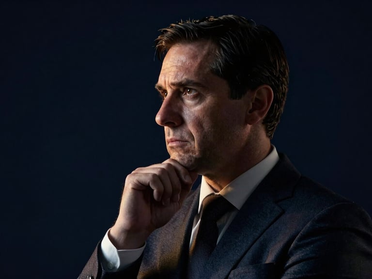 Dramatic low-key portrait of an intense legal strategist in deep thought, side-lighted, dark navy background, sharp focus
