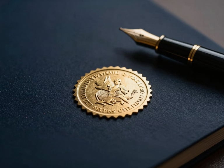 Macro shot of a legal document with a gold-embossed seal, fountain pen nearby, dramatic high-contrast lighting